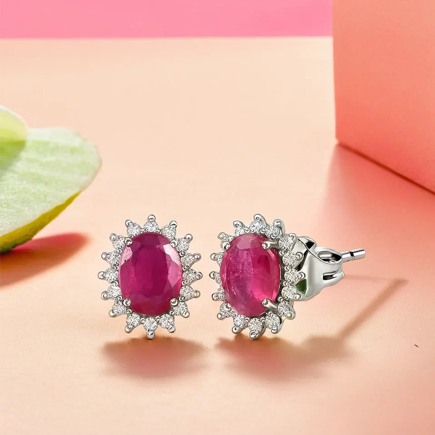 Ruby (FF) and Natural Zircon Halo Stud Earrings in Platinum Overlay Sterling Silver 2.95 Ct.